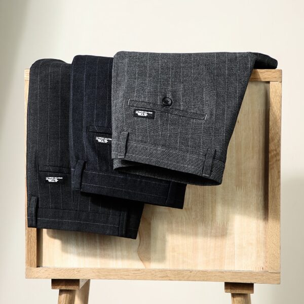 Calças masculina com padrão de listras, social, Oussyu, stretch para negócios, cinza, azul e preto, roupas de alta qualidade, novas - Image 9