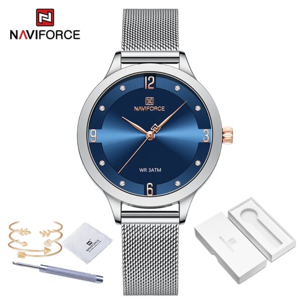 Relógios de pulso feminino, Naviforce, quartzo, pulseira de malha de aço inoxidável, impermeável, azul e prata, alta qualidade, moda - Image 10