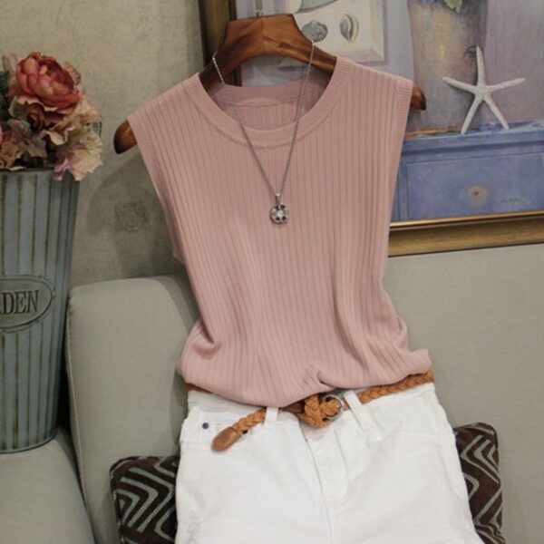 Camisetas feminina de malha com gola O, sem mangas, roupas elegantes, tops e blusas, 2023, C853 - Image 3