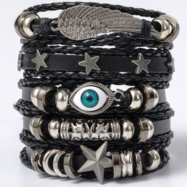 Pulseiras masculina vintage de couro multicamadas, caveira gótica, metal estrela - Image 34