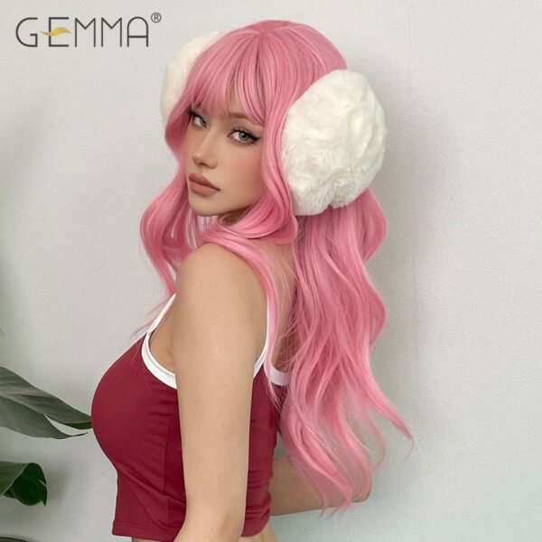 Peruca sintética longa ondulada cosplay GEMMA com Franja, peruca de cabelo natural para mulheres brancas, festa, resistente ao calor, rosa claro - Image 30