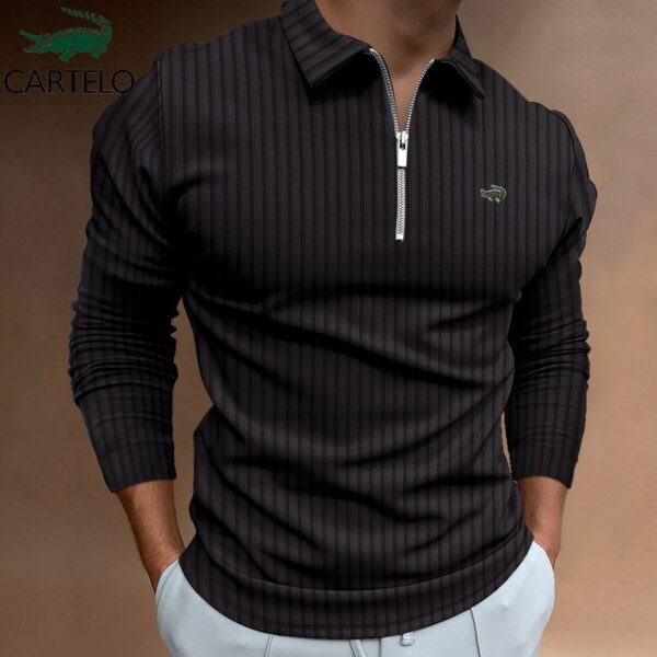 Camisetas masculina manga longa, CARTELO Marca POLO Camisa Zipper Stripe, T-Shirt Esportes Casuais Secagem Rápida Respirável Elástica - Image 3