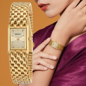 Relógio de pulso de ouro para mulher luxo retângulo, de quartzo dourado aço inoxidável senhoras relógios montre femme