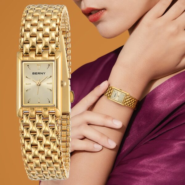 Relógio de pulso de ouro para mulher luxo retângulo, de quartzo dourado aço inoxidável senhoras relógios montre femme