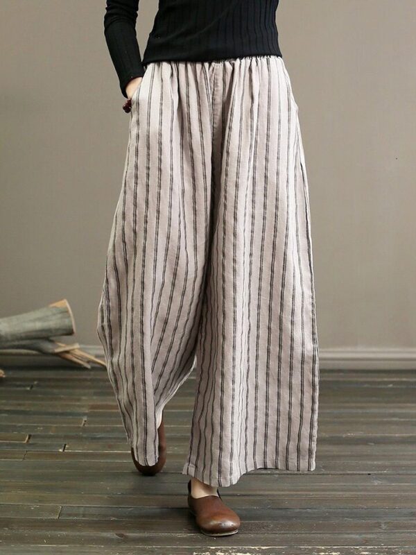 Calças feminina larga listrada vintage, calça capri reta de cintura alta com estampa, calça de algodão fina, 4XL, outono, 2023 - Image 12