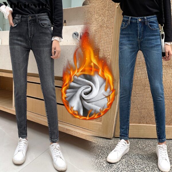 Calças feminina Jeans magro de veludo grosso de cintura alta, velo simples, slim fit, stretch, jeans casual feminino, calça lápis, inverno - Image 4