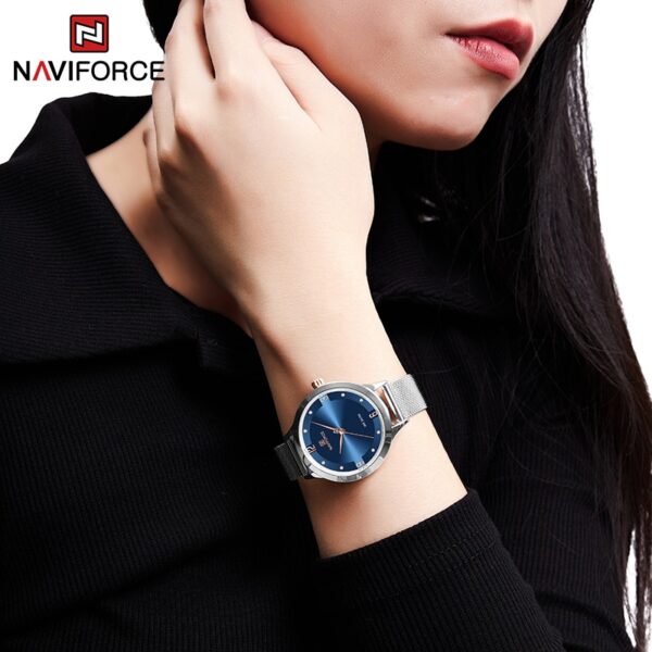 Relógios de pulso feminino, Naviforce, quartzo, pulseira de malha de aço inoxidável, impermeável, azul e prata, alta qualidade, moda - Image 13