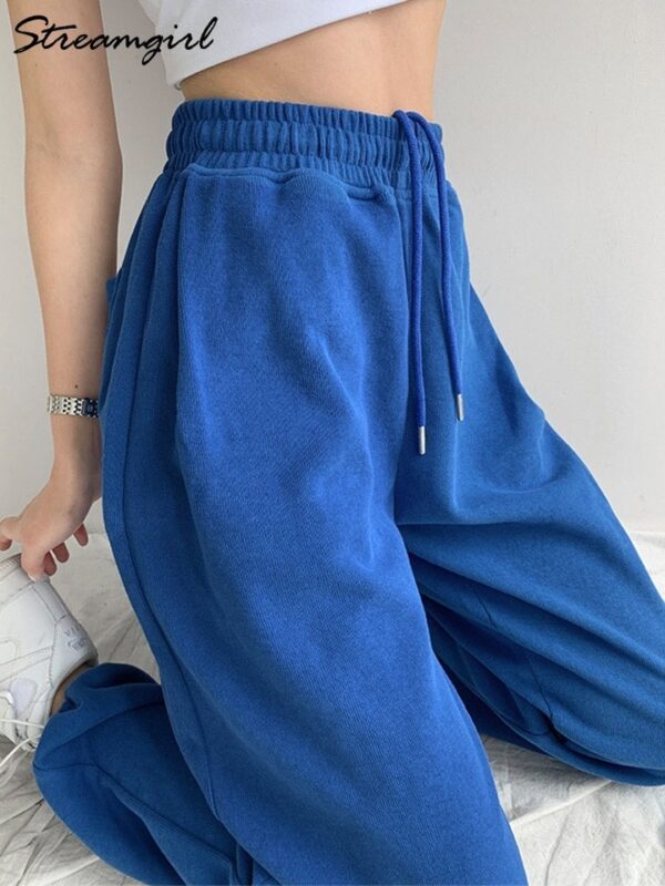 Calças feminina, Moletom azul, calça larga, cintura alta, perna larga, esportiva, outono e primavera