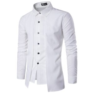 Camisas masculina em algodão manga longa verão novo falso duas peças dupla placket seção fina não-ferro cor sólida, mistura lapela.