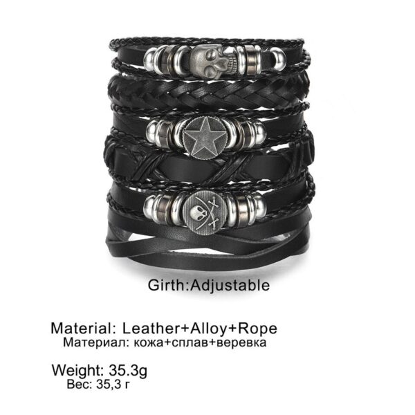 Pulseiras masculina vintage de couro multicamadas, caveira gótica, metal estrela - Image 31