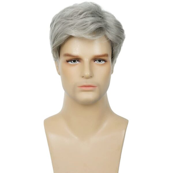 Perucas encaracolada curta natural para homens, Fluffy, cinza e branco, cabelo falso, fantasia Cosplay, masculino, cara - Image 4