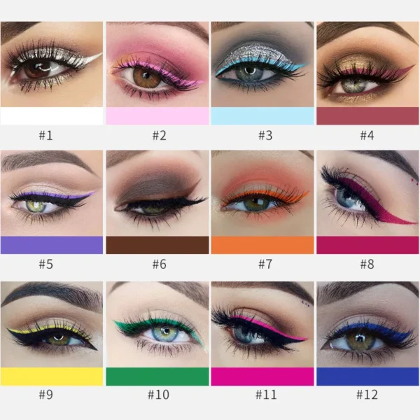 Sombras líquida Impermeável, Eyeliner Pen Set ( caneta ), de longa duração, fosco colorido Eye Liner, Quick Dry cosméticos, branco, forro verde, 12 cores - Image 18