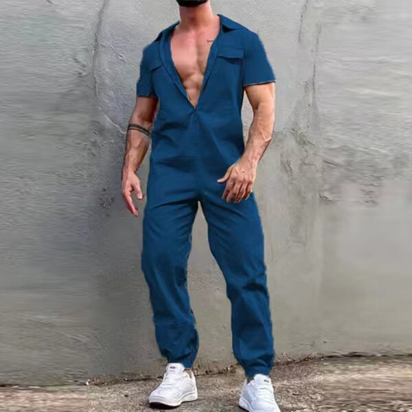 Macacão de manga curta com zíper lapela masculino, monocromático, casual de streetwear, calça longa, moda 2023 - Image 11
