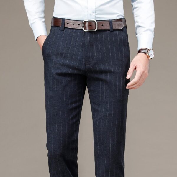 Calças masculina com padrão de listras, social, Oussyu, stretch para negócios, cinza, azul e preto, roupas de alta qualidade, novas - Image 4