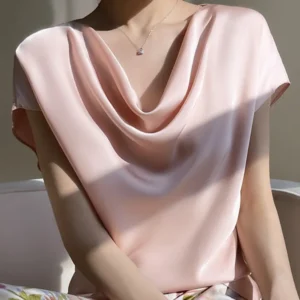 Camisas feminina, francesas de Seda, Elegante T-shirt de Cetim, Manga Curta Simples, Tops Femininos, Novo, Verão, 2023