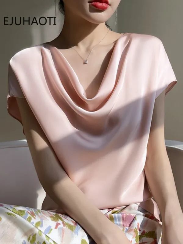 Camisas feminina, francesas de Seda, Elegante T-shirt de Cetim, Manga Curta Simples, Tops Femininos, Novo, Verão, 2023