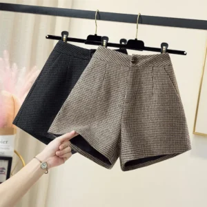 Shorts feminino, Houndstooth, Cintura Alta, Perna Larga, Botas, Lã, Roupa de Inverno, Novo, Outono