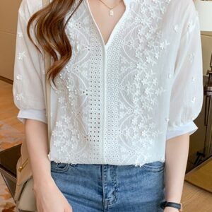 Camisas feminina em V, camisas femininas, tops, verão, F428