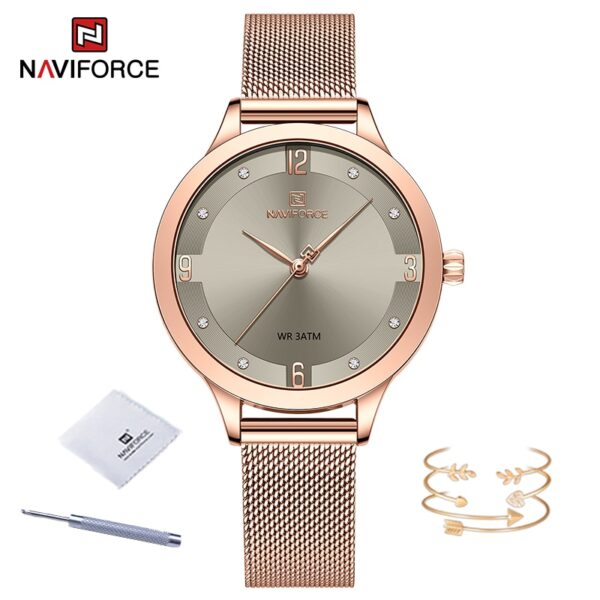 Relógios de pulso feminino, Naviforce, quartzo, pulseira de malha de aço inoxidável, impermeável, azul e prata, alta qualidade, moda - Image 5