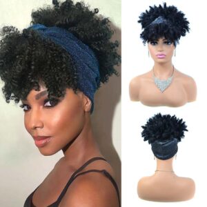 Perucas curta e encaracolada com bandana para mulheres negras, cachecol afro encaracolado, envoltório de turbante sintético, cabelo falso natural, uso diário