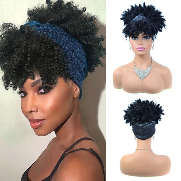 Perucas curta e encaracolada com bandana para mulheres negras, cachecol afro encaracolado, envoltório de turbante sintético, cabelo falso natural, uso diário