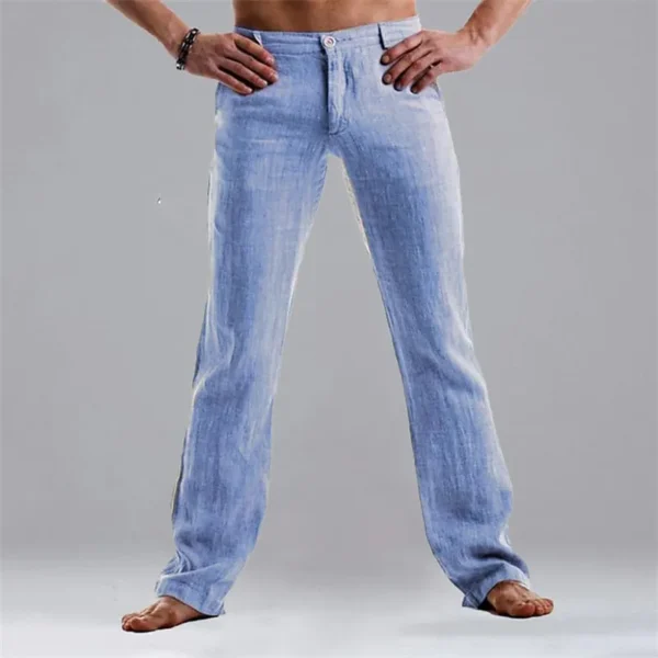 Calças masculina reta casual de linho, comprida, de botão, vintage, fundo de bolso solto, cor sólida que combina com tudo, verão, nova - Image 3