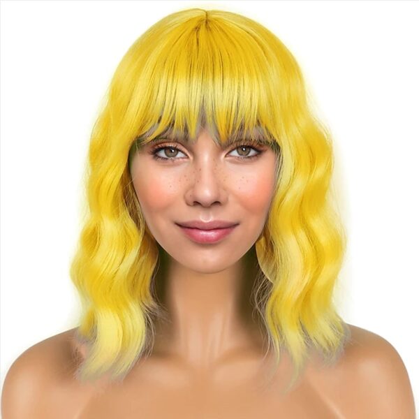 Perucas cabelo sintético, HAIRJOY, curta, peruca amarela 3 estilos com Bangs para traje - Image 2