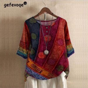 Camisas feminina, estilo étnico feminino o-pescoço, vintage solto camisa oversized meia manga blusas, harajuku pulôver casual