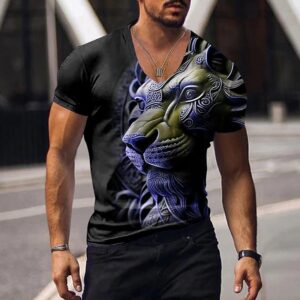 Camisetas masculina manga curta, animal estampada em 3D, tops com gola V, camiseta extragrande, roupas da moda de alta qualidade, verão
