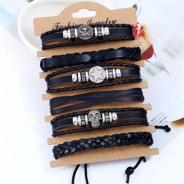 Pulseiras masculina vintage de couro multicamadas, caveira gótica, metal estrela - Image 9