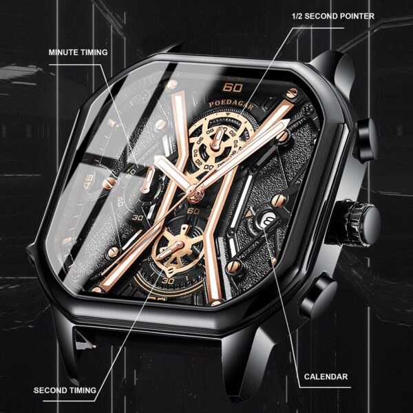 Relógios de pulso masculino, POEDAGAR,  Moda Masculina, Cronógrafo De Luxo Luminous Impermeável Data Homem Relógio Quadrado Dial Couro Quartz Relógios. - Image 6