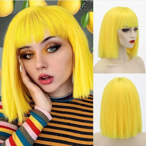 Perucas cabelo sintético, HAIRJOY, curta, peruca amarela 3 estilos com Bangs para traje - Image 7