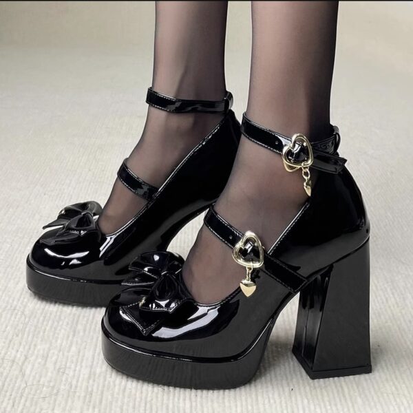 Sapatos feminino alto, plataforma, Punk Heart Buckle, Lolita, Bowtie, Salto Grosso, Gótico, Preto, Chunky, Y2K, Outono, 2023