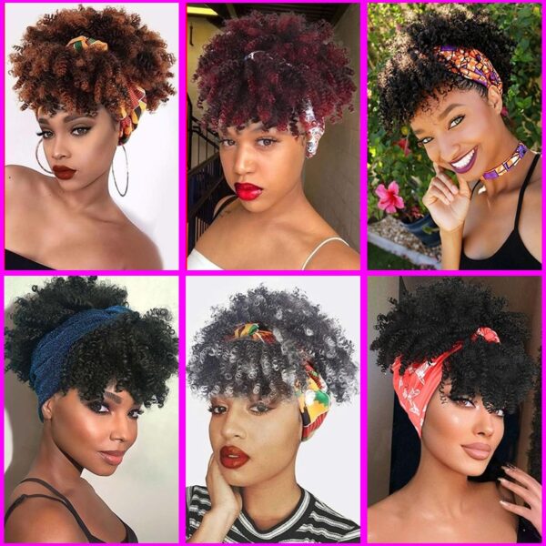 Perucas curta e encaracolada com bandana para mulheres negras, cachecol afro encaracolado, envoltório de turbante sintético, cabelo falso natural, uso diário - Image 8
