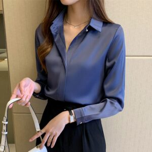 Camisas feminina de cetim manga longa, Tops femininos, feminina, camisas sólidas, básico, OL, moda, 2023