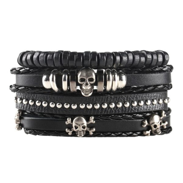 Pulseiras masculina vintage de couro multicamadas, caveira gótica, metal estrela - Image 26