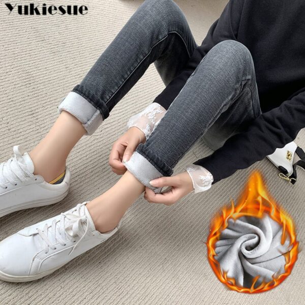 Calças feminina Jeans magro de veludo grosso de cintura alta, velo simples, slim fit, stretch, jeans casual feminino, calça lápis, inverno - Image 9