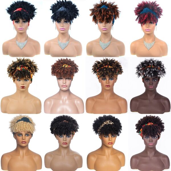 Perucas curta e encaracolada com bandana para mulheres negras, cachecol afro encaracolado, envoltório de turbante sintético, cabelo falso natural, uso diário - Image 2