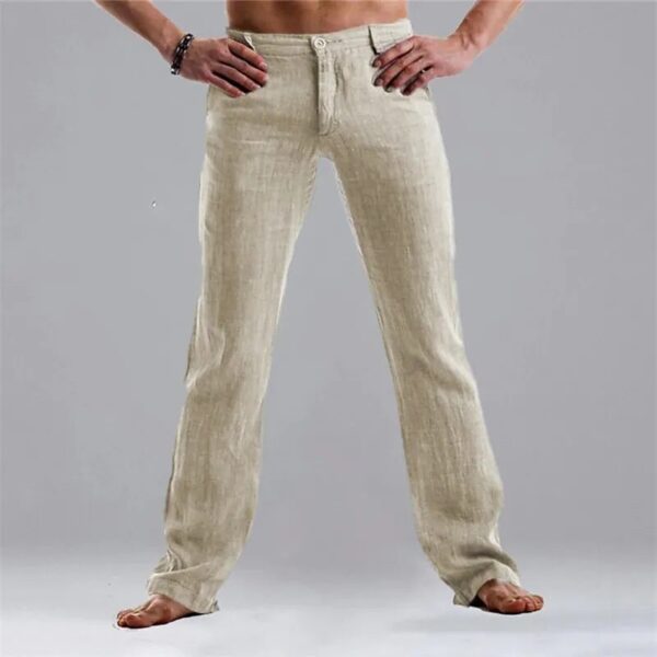 Calças masculina reta casual de linho, comprida, de botão, vintage, fundo de bolso solto, cor sólida que combina com tudo, verão, nova - Image 9