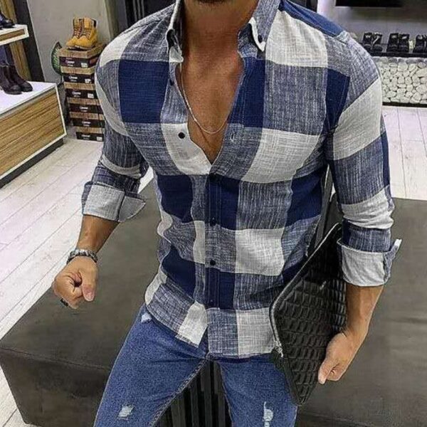 Camisas masculina xadrez manga longa, camisa de botão lapela, moda streetwear, top vintage, moda primavera e outono - Image 6