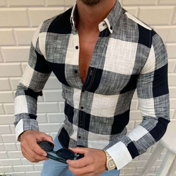 Camisas masculina xadrez manga longa, camisa de botão lapela, moda streetwear, top vintage, moda primavera e outono - Image 5