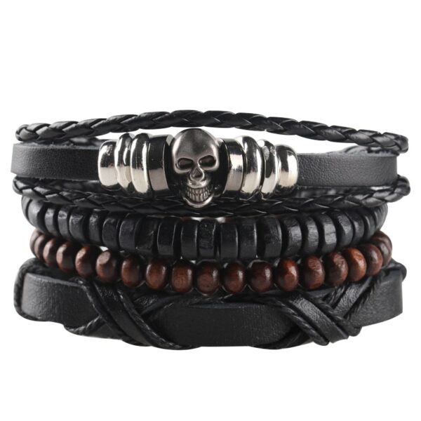 Pulseiras masculina vintage de couro multicamadas, caveira gótica, metal estrela - Image 30