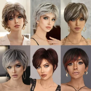 Perucas sintética curta com Franja, cabelo de simulação alta, couro cabeludo alto, branco, dourado e loiro, perucas de cabelo, vários estilos