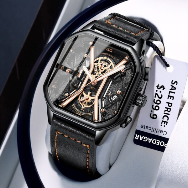 Relógios de pulso masculino, POEDAGAR,  Moda Masculina, Cronógrafo De Luxo Luminous Impermeável Data Homem Relógio Quadrado Dial Couro Quartz Relógios. - Image 14