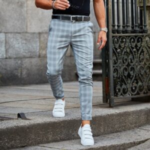 Calças masculina comprida xadrez justa, confortável, respirável, cotidiano, xadrez casual, moda, verão, 2023