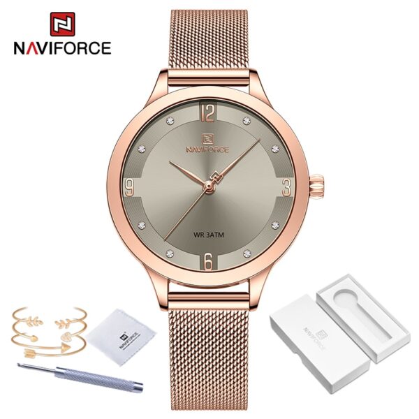 Relógios de pulso feminino, Naviforce, quartzo, pulseira de malha de aço inoxidável, impermeável, azul e prata, alta qualidade, moda - Image 9