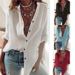 Camisas Feminina de Botão de Linho de Algodão, Tops Soltos Casuais Brancos, Top de Manga Rolável, Blusas Oversized, Moda Outono, S-5XL