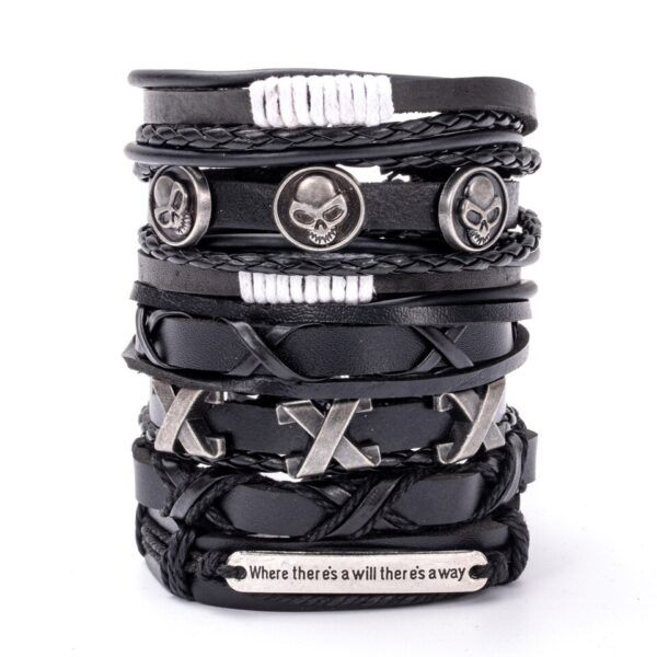 Pulseiras masculina vintage de couro multicamadas, caveira gótica, metal estrela - Image 13