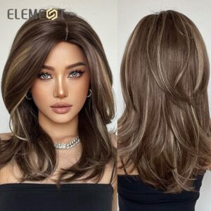Perucas sintética cabelo médio ondulado, ELEMENTO, perucas louras castanhas misturadas, resistente ao calor, faixa respirável, festa diária, legal
