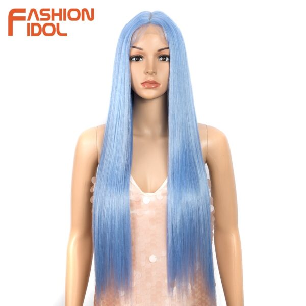 Peruca dianteira, moda ídolo cabelo sintético, do laço 30 Polegada peruca reta arco-íris colorido azul cosplay peruca resistente ao calor - Image 4